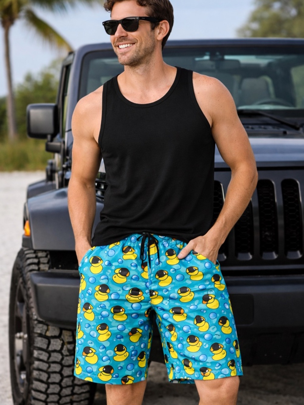 Aqua Swim Trunks with Yellow Rubber Duck Print